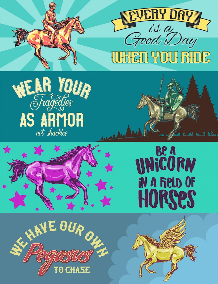 Vettore gratuito modello di banner web con illustrazioni di pegaso, unicorno, cavaliere e scherzo sui cavalli.