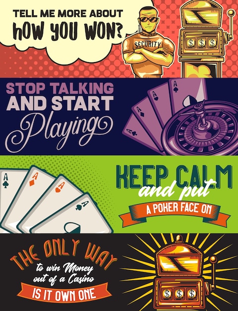 Modello di banner Web con illustrazioni di un poliziotto, un casinò, carte pocker e slot machine.