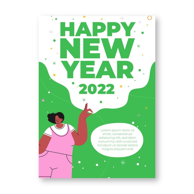 Modello di biglietto di auguri di Capodanno piatto disegnato a mano