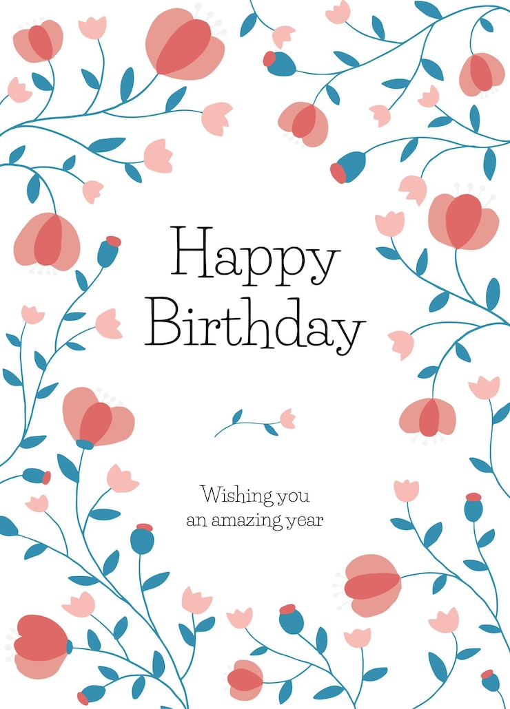 Vettore gratuito modello di biglietto di auguri di compleanno con cornice floreale