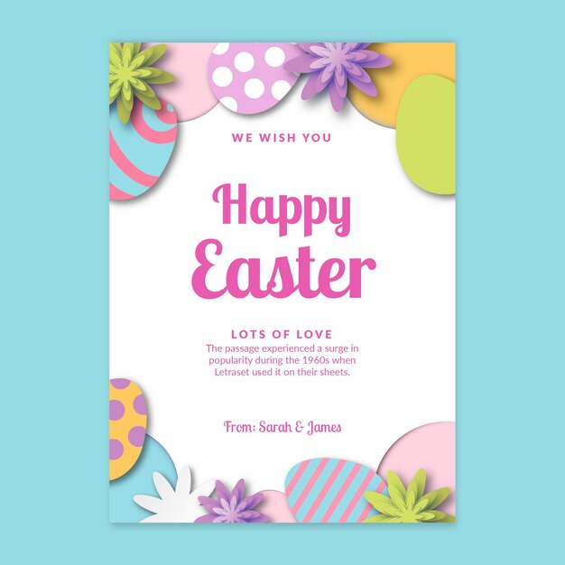 Modello di biglietto di auguri verticale per Pasqua con le uova
