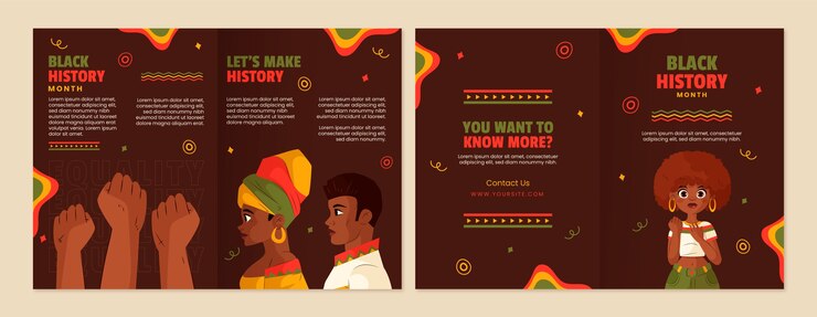 Vettore gratuito modello di brochure del mese della storia nero piatto