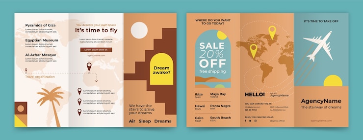 Vettore gratuito modello di brochure per agenzia di viaggi design piatto