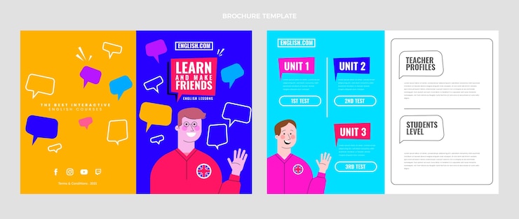Vettore gratuito modello di brochure per lezioni di inglese piatto