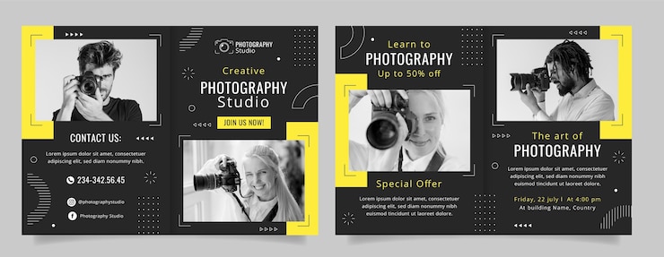 Vettore gratuito modello di brochure per studio fotografico di design piatto