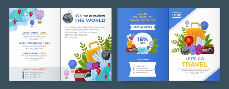 Vettore gratuito modello di brochure per viaggi ed esplorazioni piatte