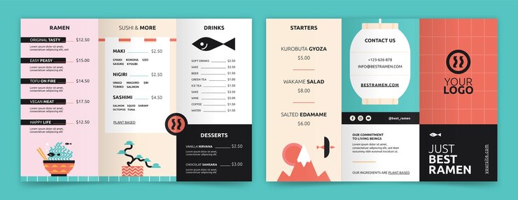 Vettore gratuito modello di brochure ristorante piatto giapponese con cibo tradizionale