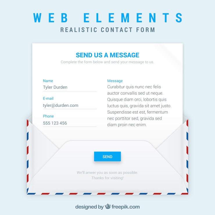 Vettore gratuito modello di busta e-mail con modulo di contatto