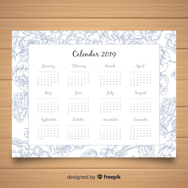Modello di calendario 2019 adorabile con stile floreale