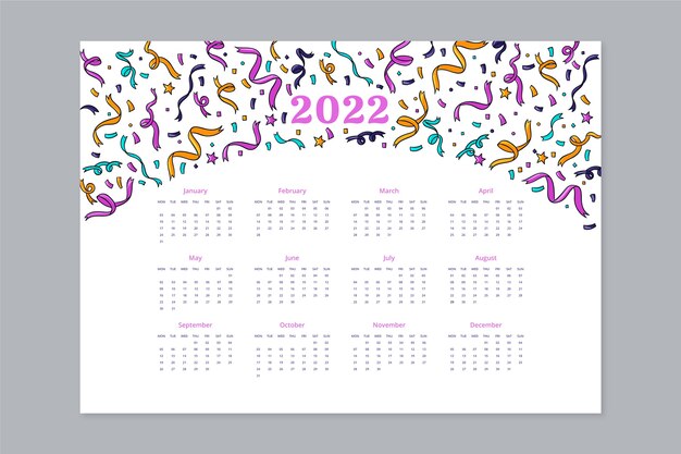 Modello di calendario 2022 disegnato a mano