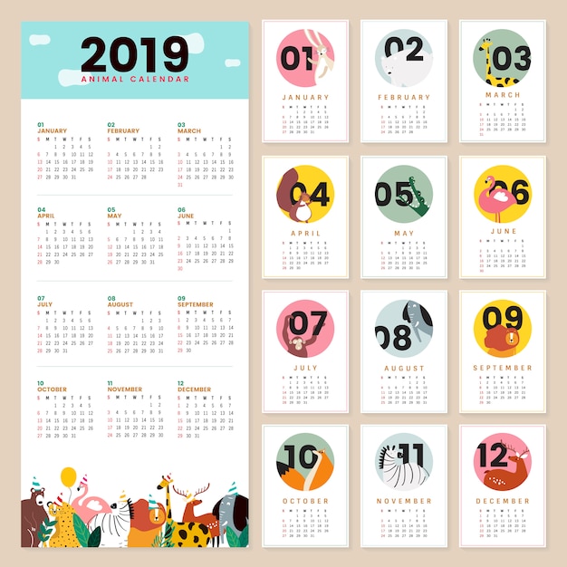 Modello di calendario animale carino