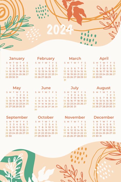 Modello di calendario del 2024 disegnato a mano