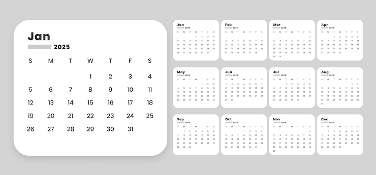 Vettore gratuito modello di calendario inglese annuale minimo per il 2025 disegno stampabile