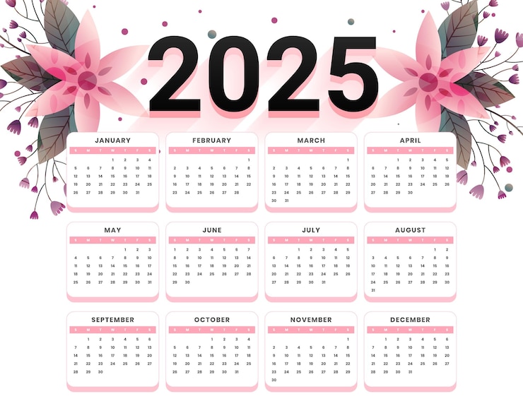 Vettore gratuito modello di calendario per il nuovo anno 2025 con decorazione floreale