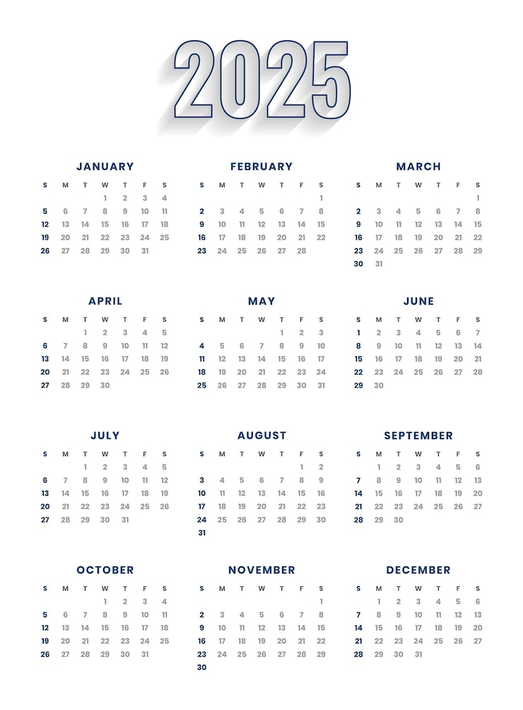 Vettore gratuito modello di calendario per l'evento e le attività del nuovo anno 2025