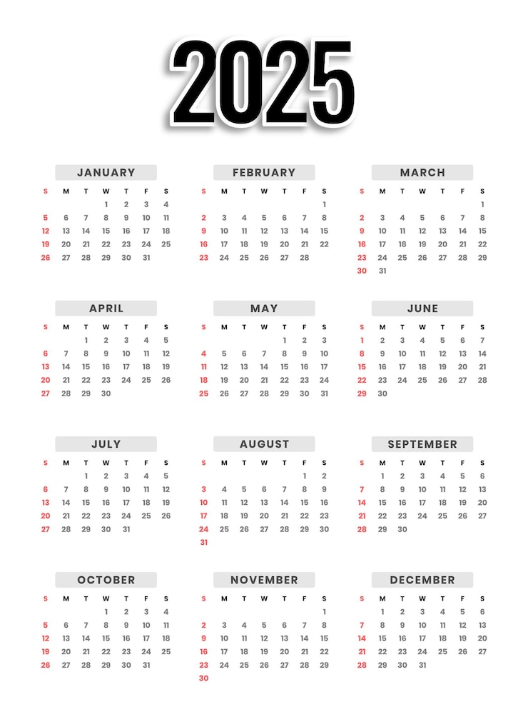 Vettore gratuito modello di calendario per l'evento e le attività del nuovo anno per il 2025