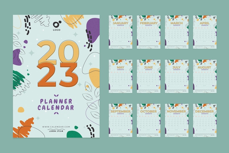 Vettore gratuito modello di calendario per pianificatore da parete annuale piatto 2023