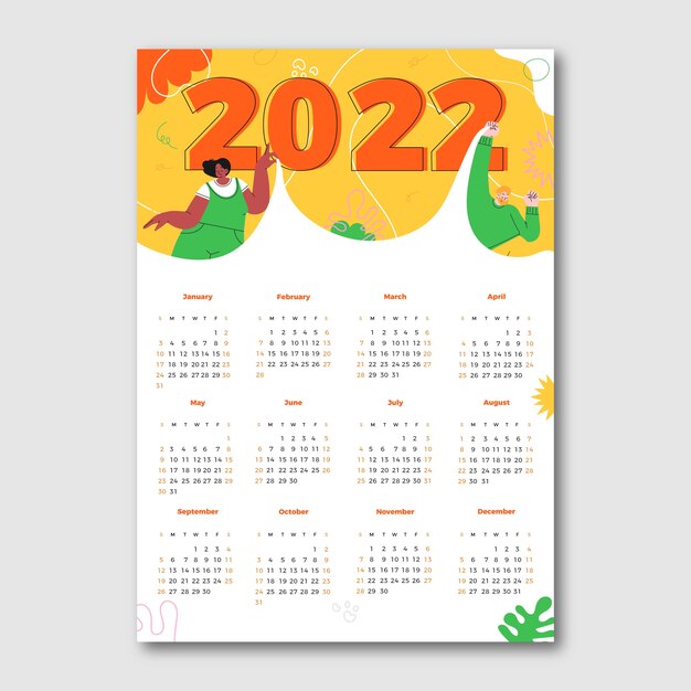 Modello di calendario piatto 2022 disegnato a mano
