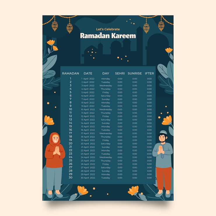Vettore gratuito modello di calendario ramadan piatto