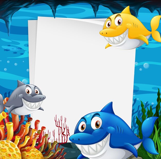 Modello di carta bianca con molti personaggi dei cartoni animati di squali nella scena subacquea