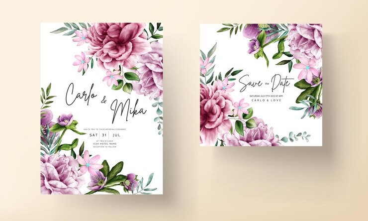 Vettore gratuito modello di carta di invito dell'acquerello bellissimo fiore viola