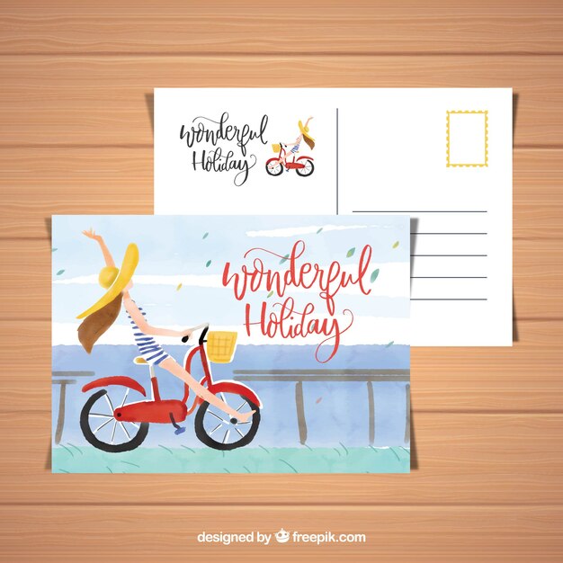 Modello di carta estate dell&#39;acquerello con bici da equitazione donna