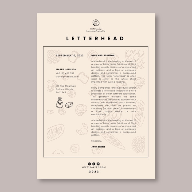 Modello di carta intestata del negozio di panetteria disegnato a mano