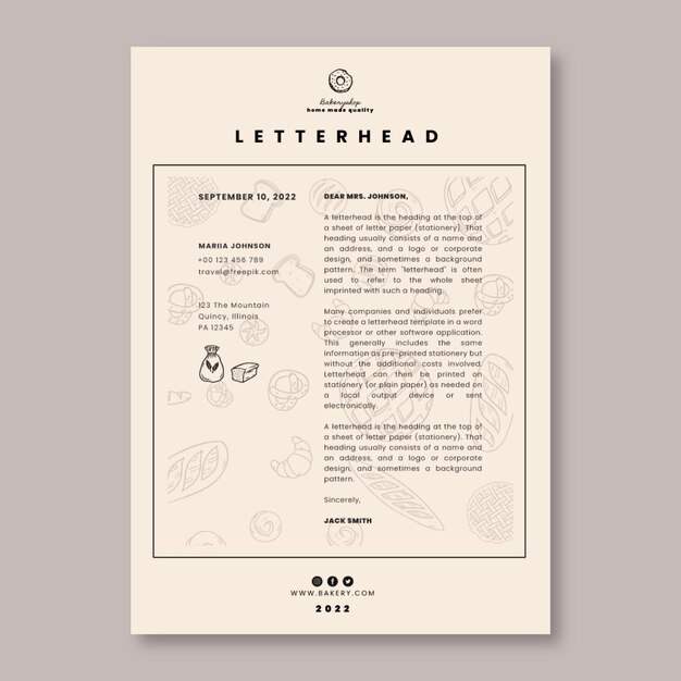 Modello di carta intestata del negozio di panetteria disegnato a mano