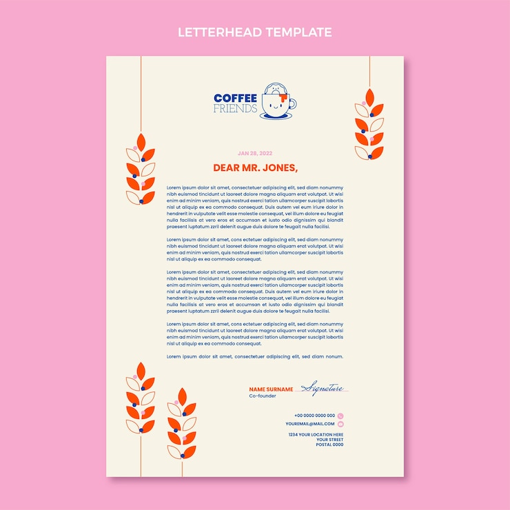 Vettore gratuito modello di carta intestata piatto minimale per caffetteria