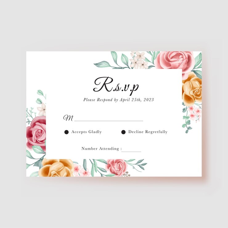 Vettore gratuito modello di carta rsvp matrimonio fiore rosa giallo acquerello