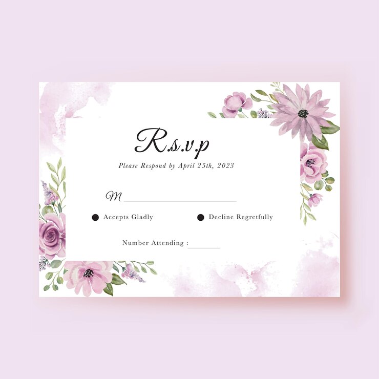 Vettore gratuito modello di carta rsvp per matrimonio ad acquerello viola fiore