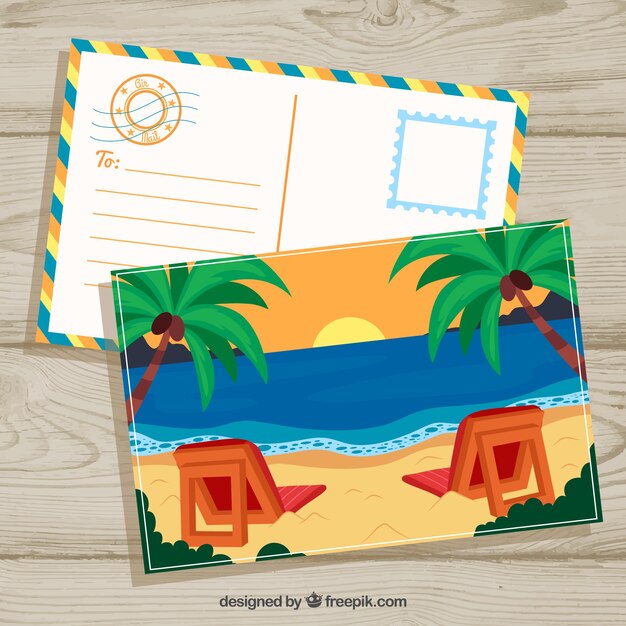 Modello di cartolina estate disegnato a mano con spiaggia e tramonto