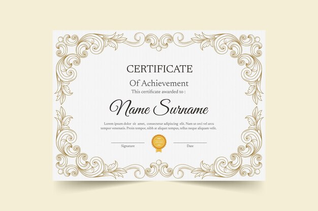 Modello di certificato ornamentale a incisione disegnato a mano