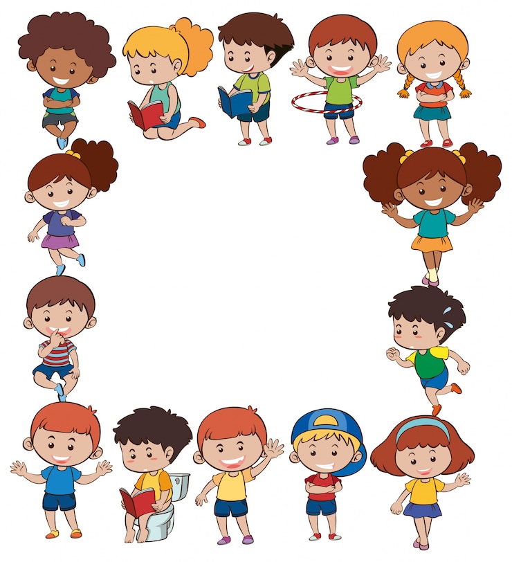 Vettore gratuito modello di confine con i bambini in diverse azioni