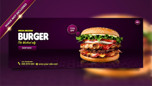 Modello di copertina dei social media del menu di cibo delizioso di lusso per hamburger