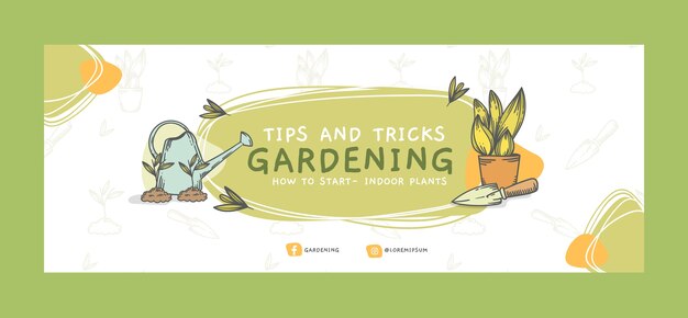 Modello di copertina dei social media per il giardinaggio con incisione disegnata a mano