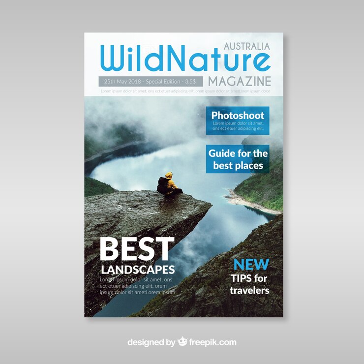 Vettore gratuito modello di copertina della rivista natura con foto