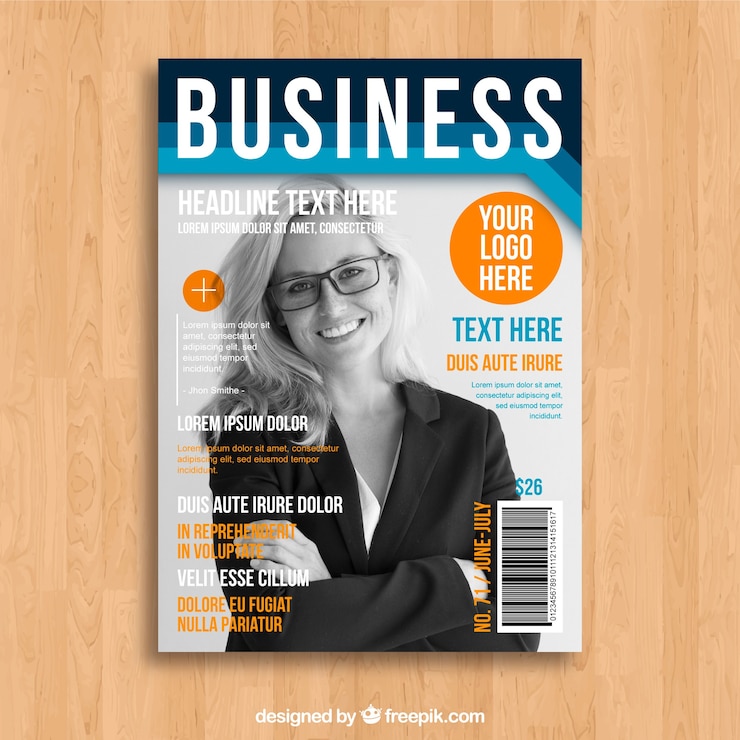 Vettore gratuito modello di copertina di una rivista commerciale con una modella in posa