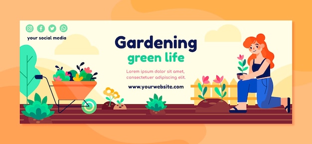 Modello di copertina per social media di giardinaggio piatto