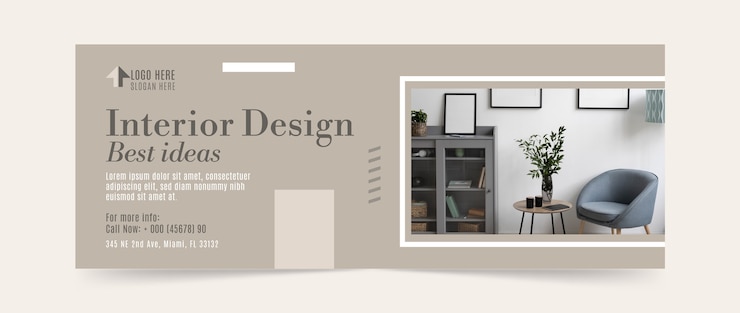 Vettore gratuito modello di copertina per social media di interior design piatto e arredamento per la casa