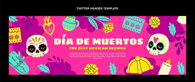 Modello di copertina twitter piatto dia de muertos disegnato a mano