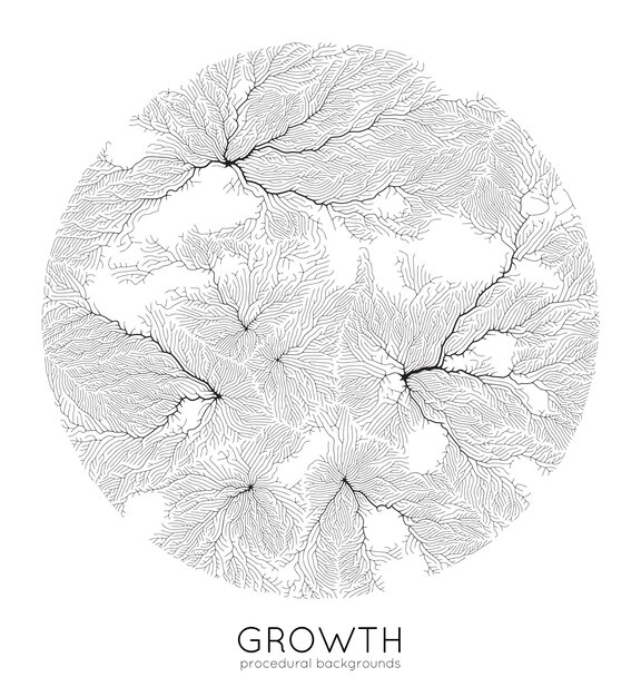 Modello di crescita del ramo generativo vettoriale Trama rotonda Lichen come struttura organica con vene Rete biologica quadrata monocromatica di vasi
