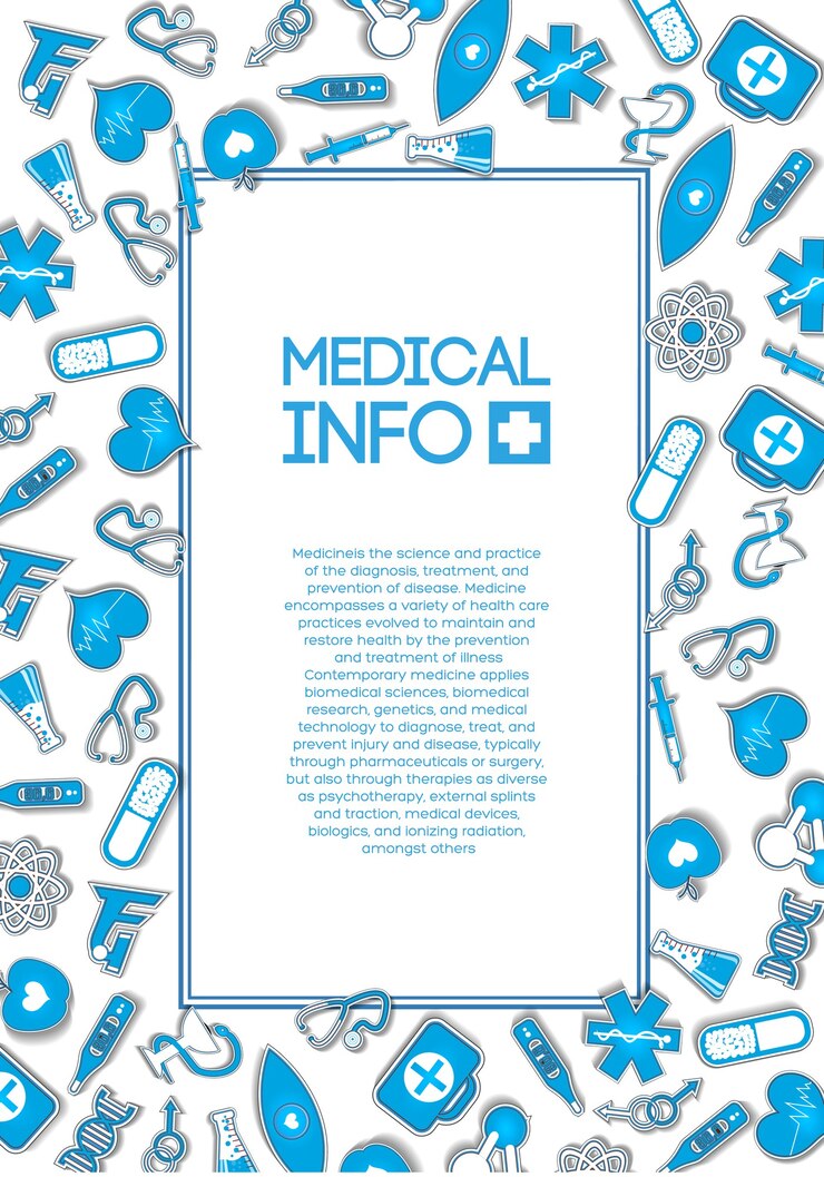 Vettore gratuito modello di cure mediche con testo in cornice e icone di carta blu ed elementi sulla luce