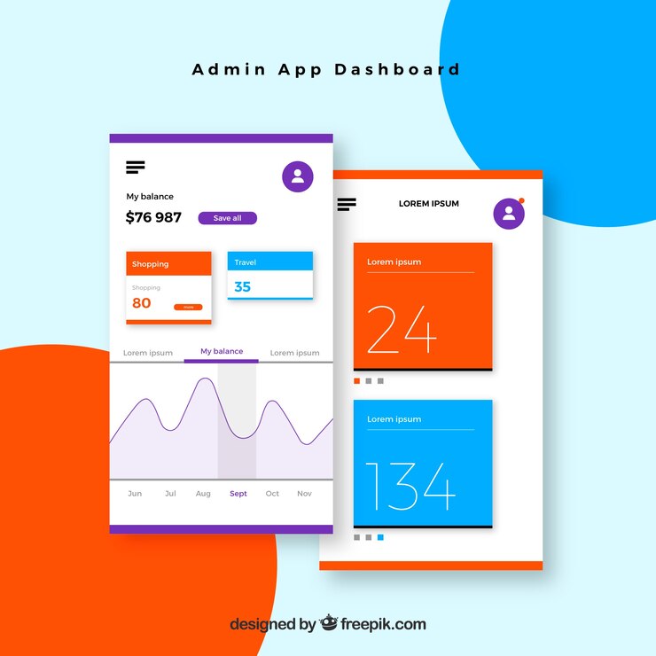 Vettore gratuito modello di dashboard dell'app di amministrazione con design piatto
