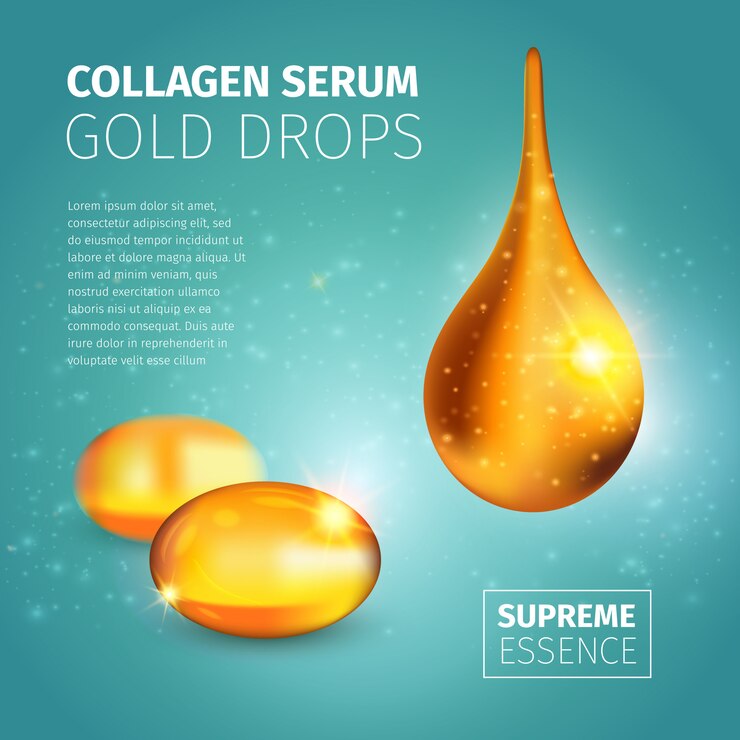 Vettore gratuito modello di design pubblicitario siero di collagene con capsule di olio d'oro e goccia lucida illuminata