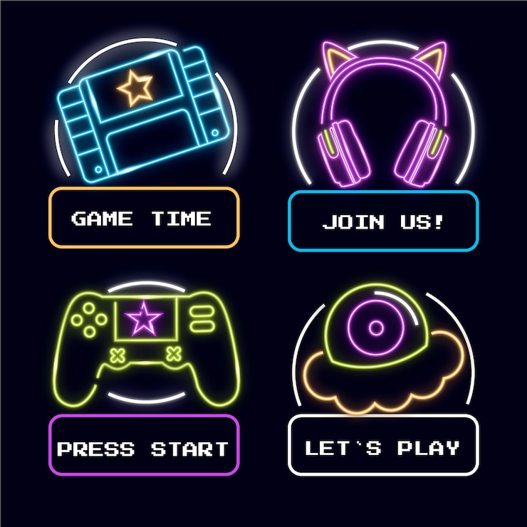 Vettore gratuito modello di etichette di gioco al neon disegnate a mano