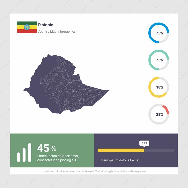Vettore gratuito modello di etiopia mappa e bandiera infografica