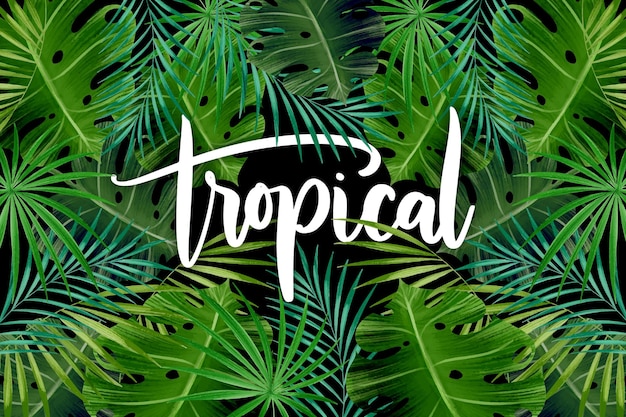 Modello di foglie tropicali esotiche lettering