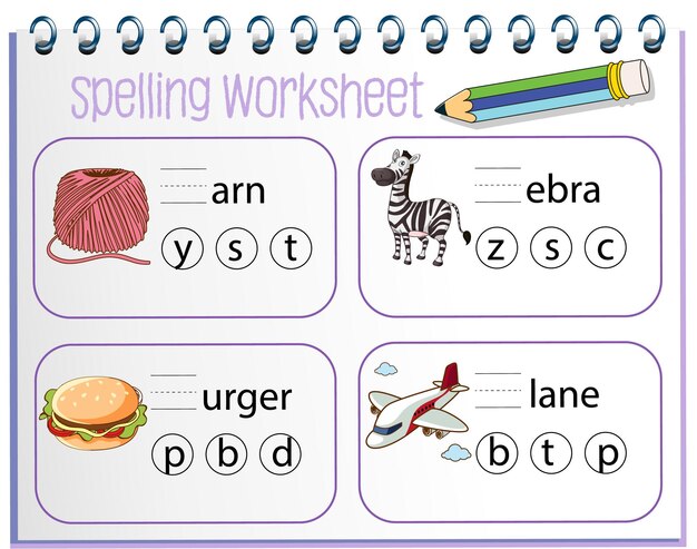 Modello di foglio di lavoro di ortografia per bambini