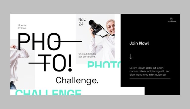 Modello di fotografia banner orizzontale design piatto